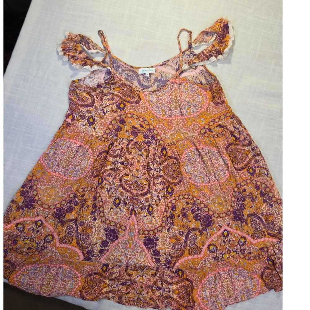 Grace & Lace Paisley Cold Shoulder Ruffle Top Orange Purple Boho M